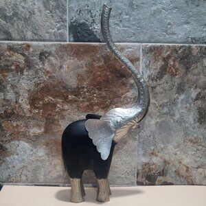 Vintage Elephant Raised Trunk Wood Metal Sculpture